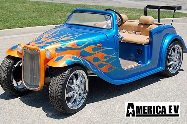 Blue California Roadster with Orange Flames affordable golf cart rental, golf cart rent georgia
