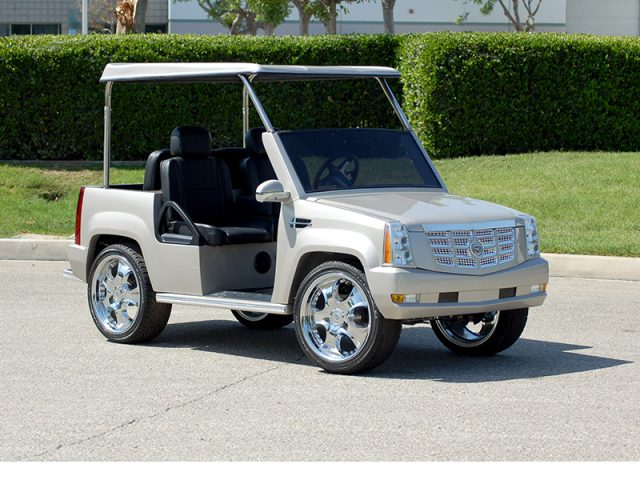 Silver Escalade Golf Cart With Roof and Custom Wheels affordable golf cart rental, golf cart rent georgia