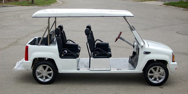 White Escalade Limo Golf Cart affordable golf cart rental, golf cart rent georgia